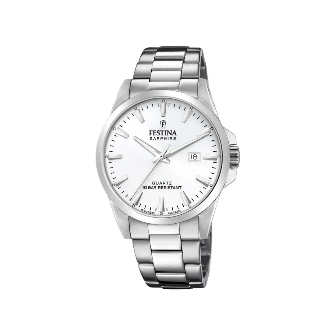 Festina Swiss Made Men's Watch F200242 shows a silver colored steel men's watch with a white dial. Model F200242-1.