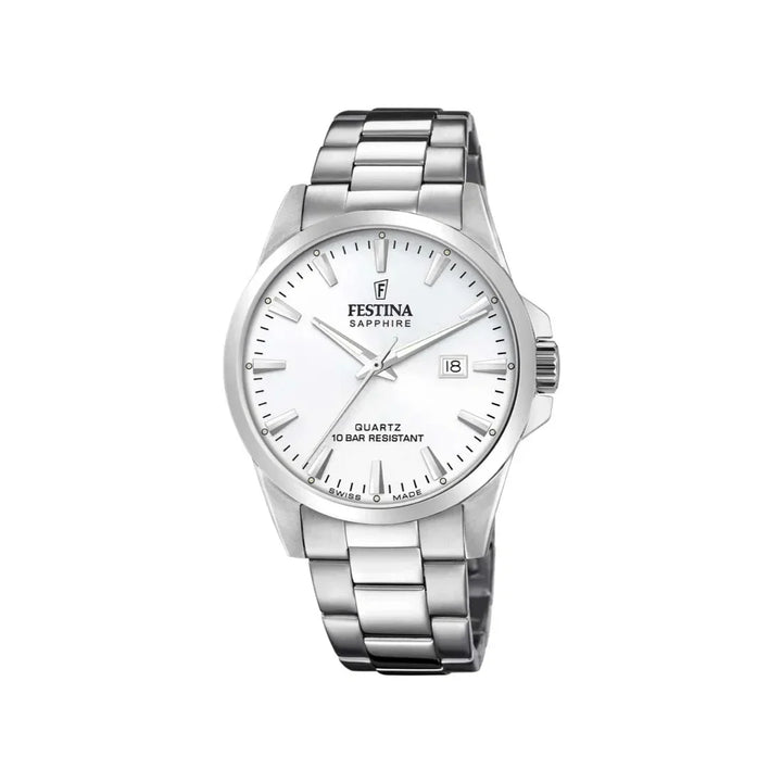Festina Swiss Made Men's Watch F200242 shows a silver colored steel men's watch with a white dial. Model F200242-1.