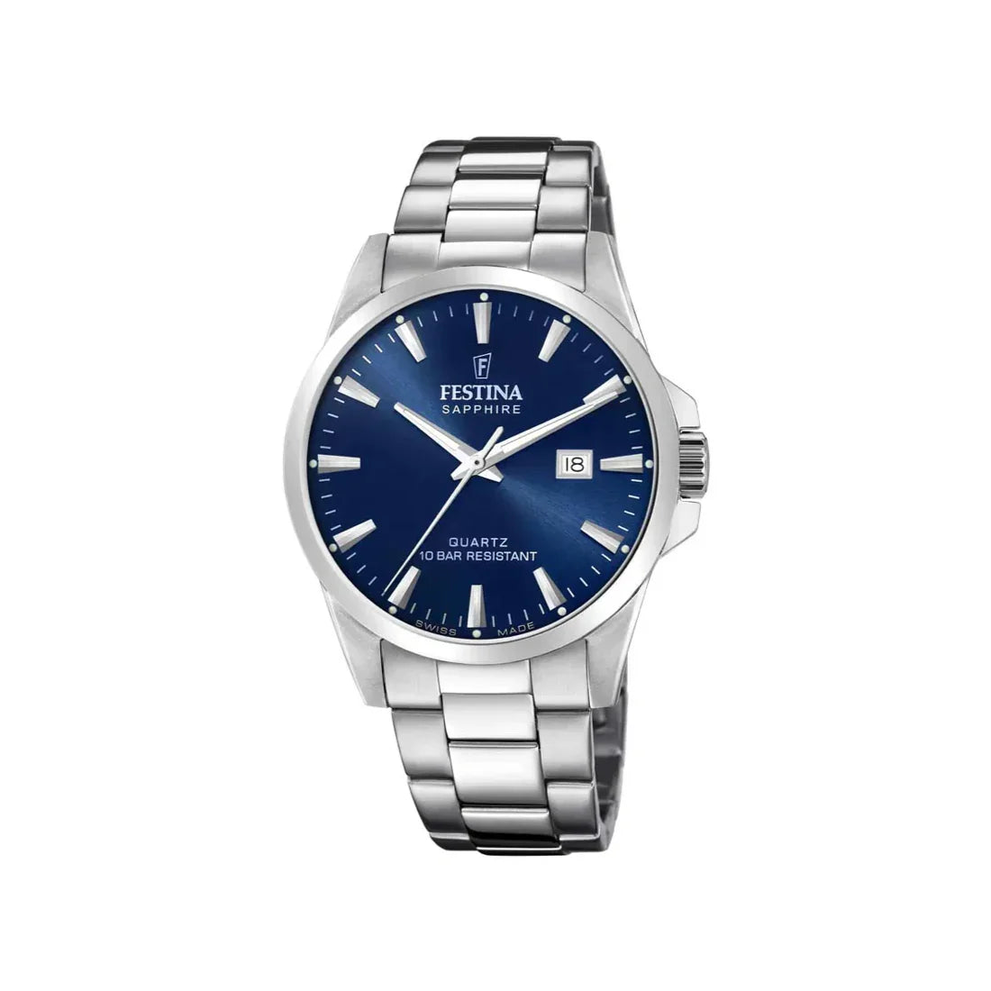 Festina Swiss Made Men's watch F200243 with blue dial and silver-colored steel chain shown exposed. Model F200243-1.