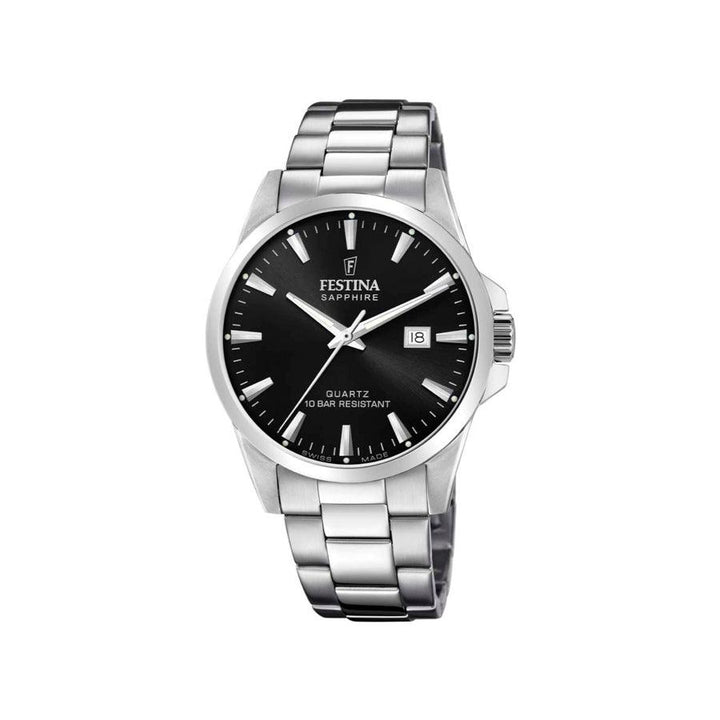 Festina Swiss Made men's watch F200244 in steel with black dial and date, Model F200244-1 from the front.