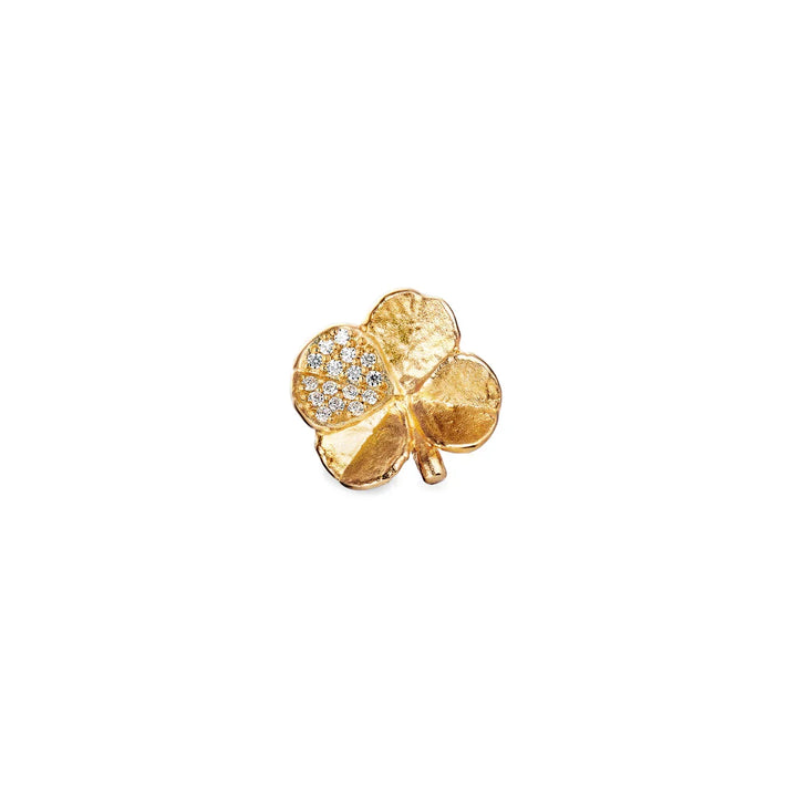 Flora Danica Clover Pin Pave Gilt shows a gold-plated clover brooch with clear stones, Model 907-flc-pi-g-pave-1.