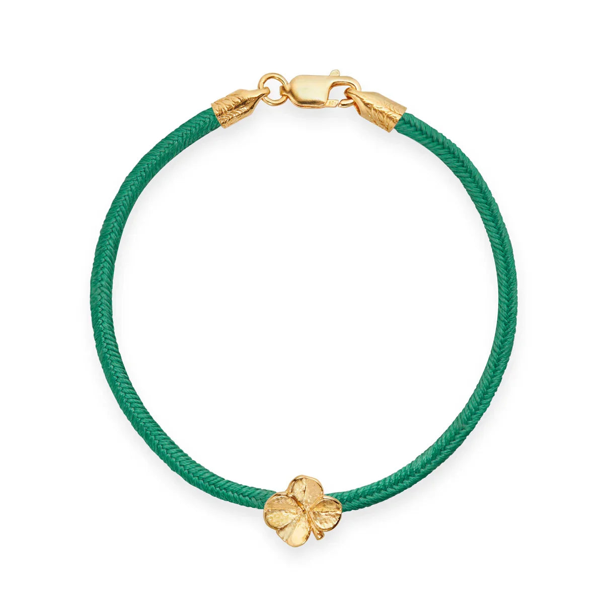 Flora Danica Flock Silk Bracelet Dark Green Gilt shows a single bracelet in dark green silk with gilt clover detail, Model 907-flc-silk-darkgreen-g-001-1.
