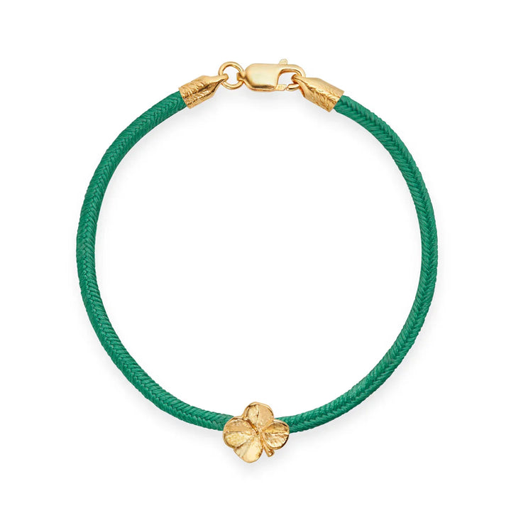 Flora Danica Flock Silk Bracelet Dark Green Gilt shows a single bracelet in dark green silk with gilt clover detail, Model 907-flc-silk-darkgreen-g-001-1.