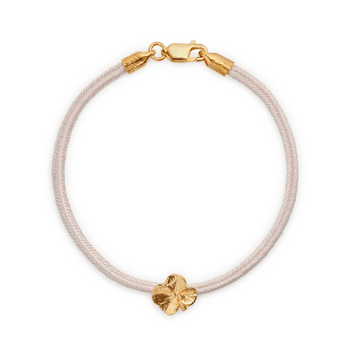 Flora Danica Four-leaf clover Silk Bracelet Pink Gold-plated, bright silk bracelet with four-leaf clover detail in gold. Model 907-FLC-SILK-ROSE-G-001-1.