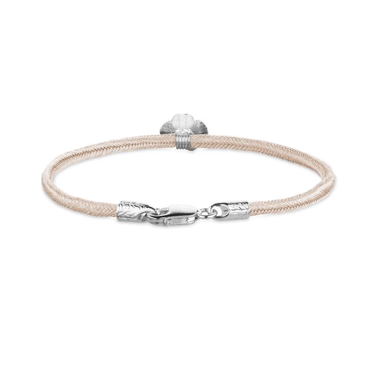 Flora Danica Four-leaf clover Silk Bracelet Pink Silver, elegant silk bracelet with four-leaf clover in pink and silver. Model 907-flc-silk-rose-s-001-2