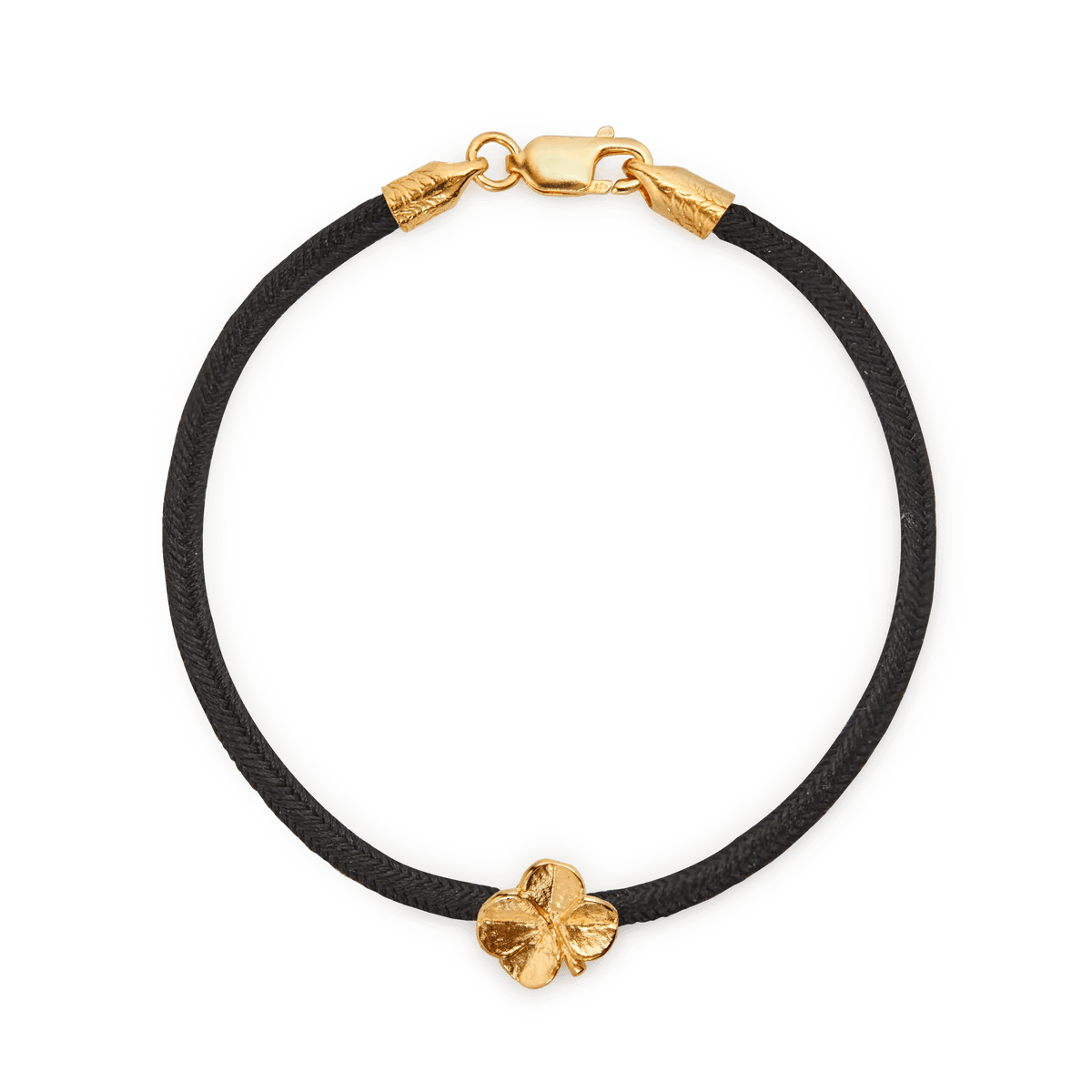 Flora Danica four-leaf clover silk bracelet black with gilded clover detail and closure, Model 907-flc-silk-black-g-001-1.