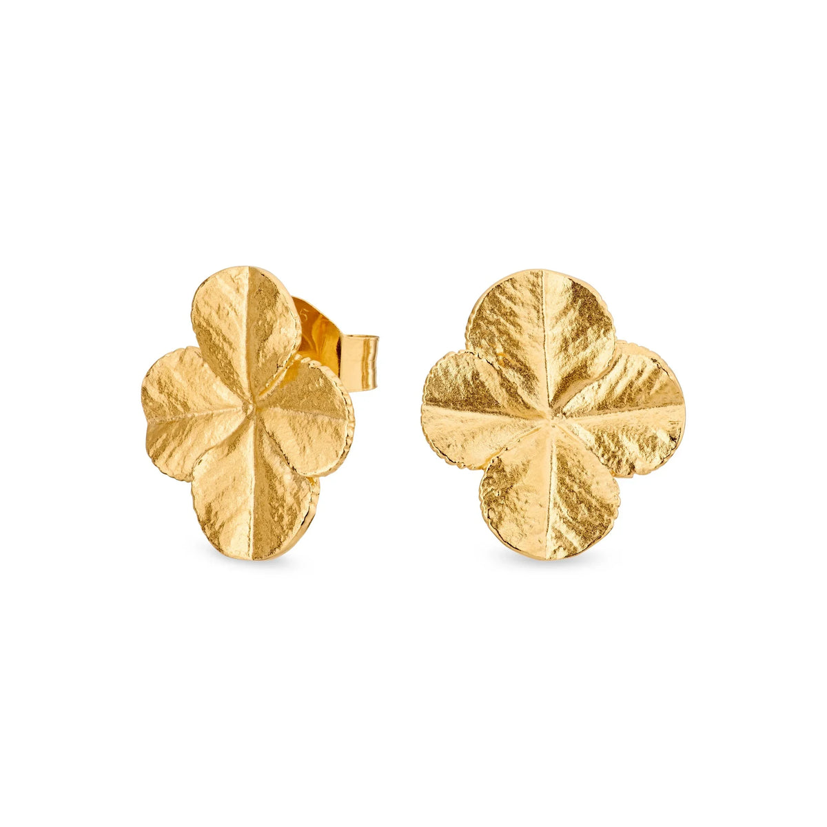 Flora Danica Clover Statement Studs show two golden, four-pronged studs with a glossy, matte finish. Model 907-FLC-STPC