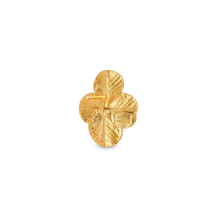 Flora Danica Four Leaf Clover Statement Earrings, gold plated four leaf clover ear studs with matte texture on a white background. Model 907-FLC-STPC