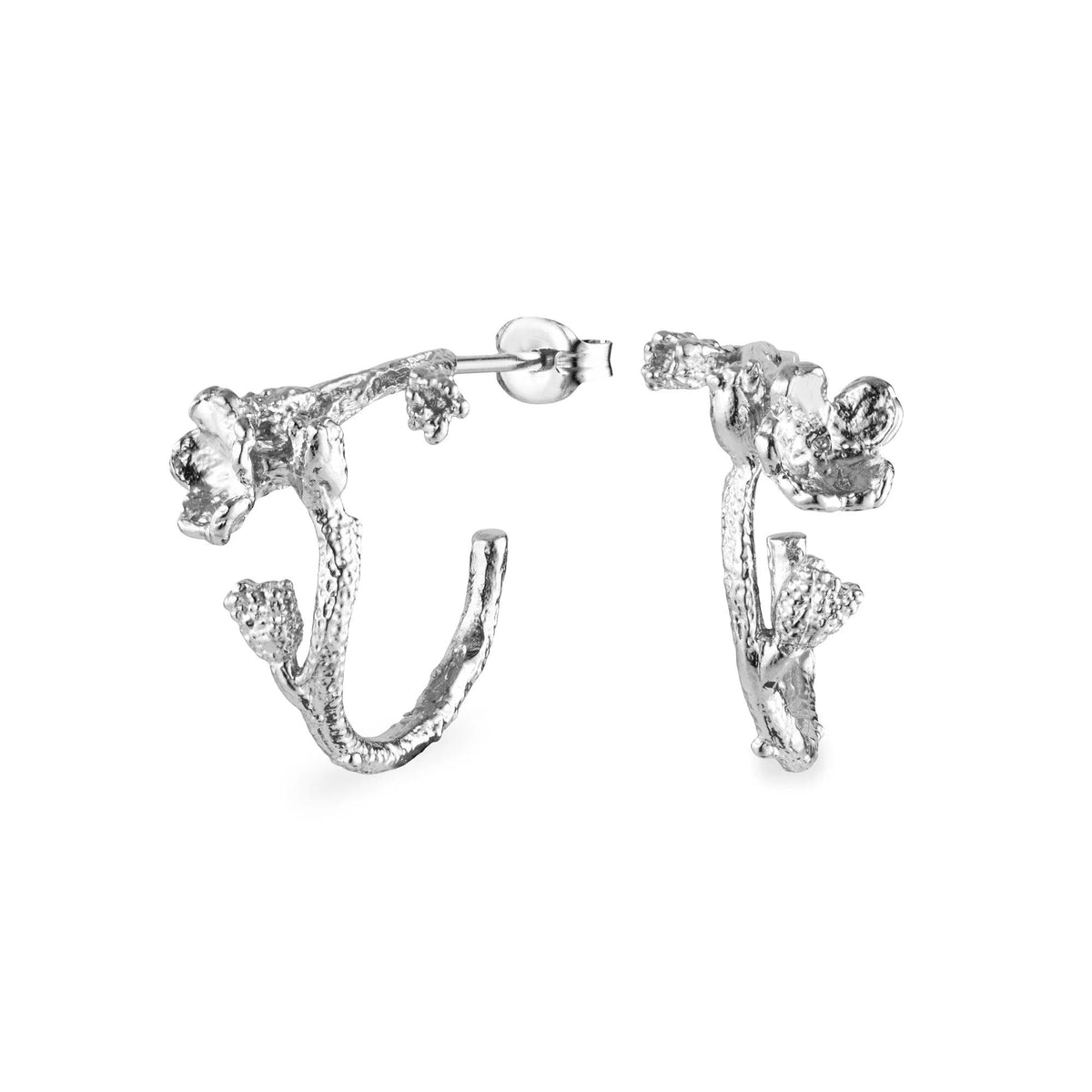 Flora Danica Forget-me-not Hoop silver creoles with floral details and organic surface, Model 907-fmn-hopc-s