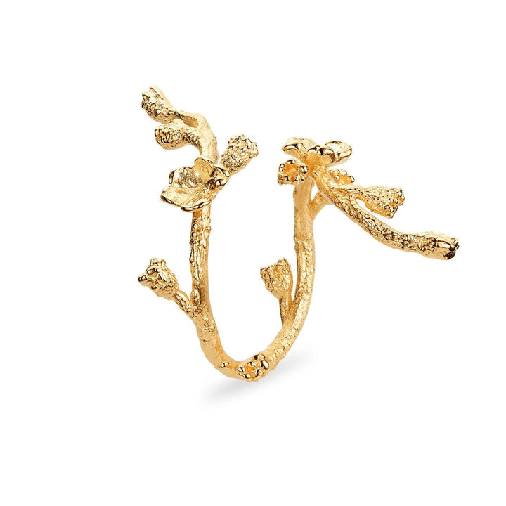 Flora Danica Forget-me-not Statement Ring in gold-plated organic design, visible as an open flower branch, Model FMN-STRI-G-001-1