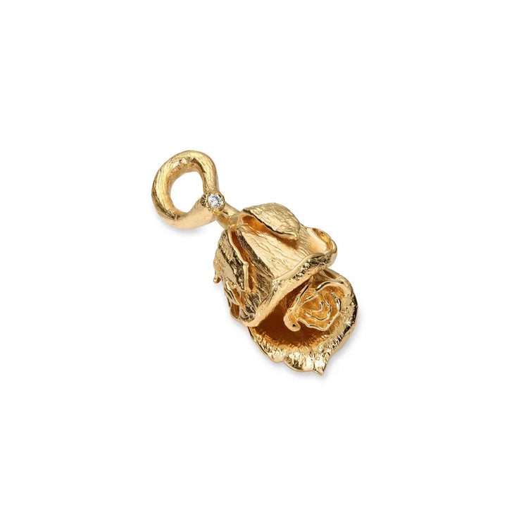 Flora Danica Rose with Silk Necklace shows a detailed rose pendant in gold plated metal with diamond, Model907-rose-silkne-g