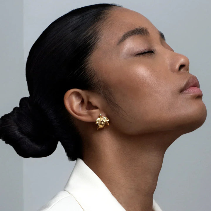Flora Danica Rosenblad Hoops with diamonds worn on the ear, detailed gold look, Model hopc-g-2