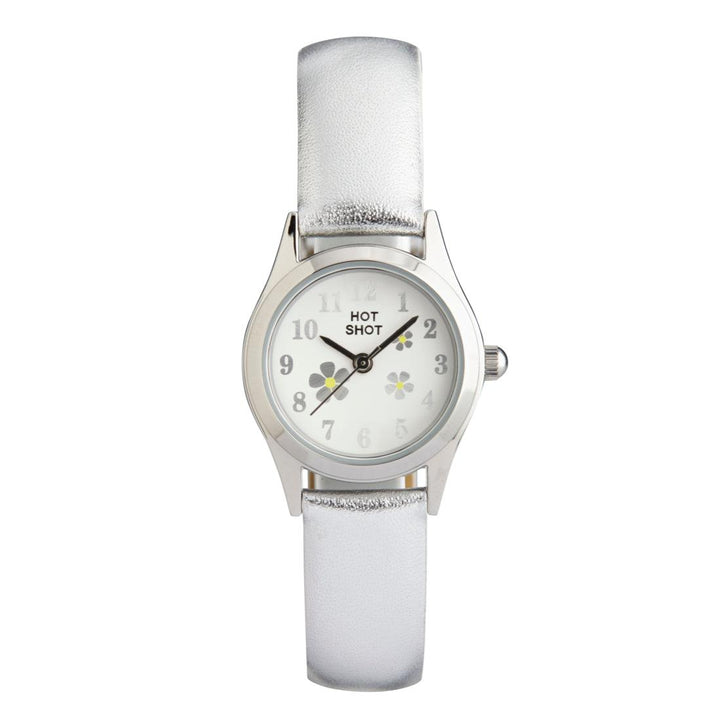 Hot Shot Borneur Silver leather strap, white dial with flower detail in silver look. Model 08541-1.