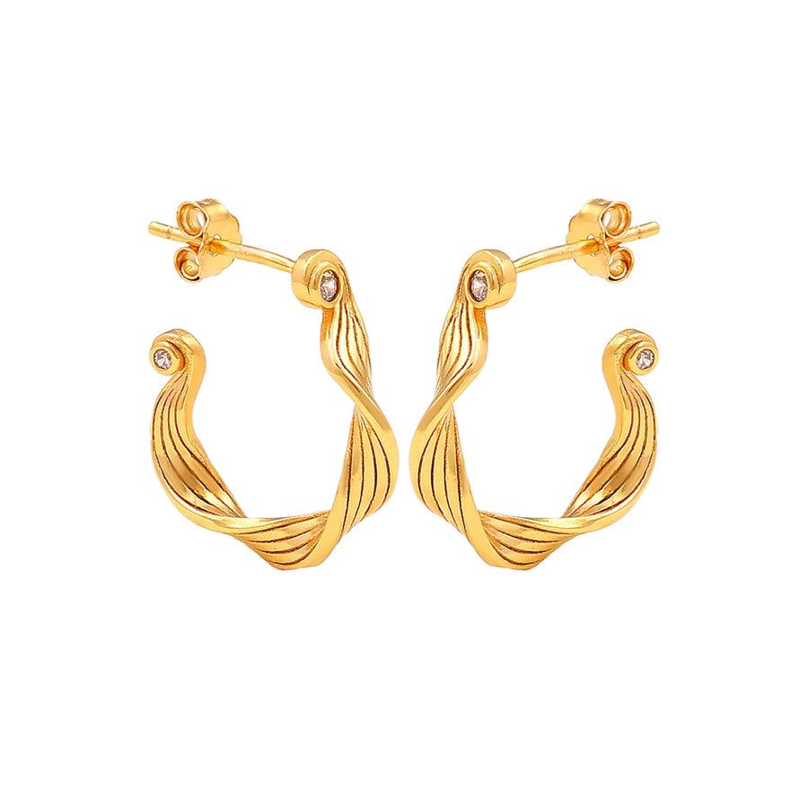 Hultquist Copenhagen Audrey gold plated hoops with twisted design and small clear stones. Model S08601G-1