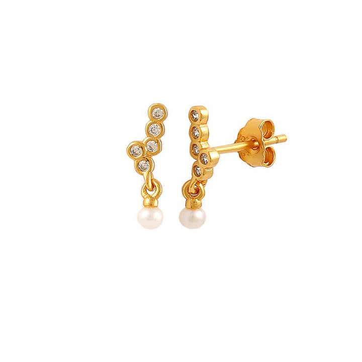Hultquist Copenhagen Harper Crawler Gold Plated Stud Earrings showcase elegant stud earrings with pearl and clear stones. Model S08621G-1