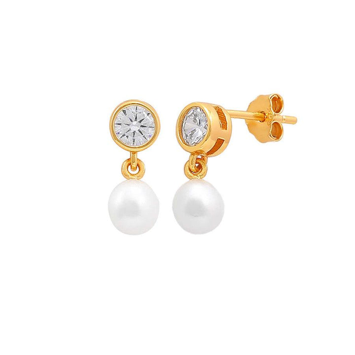 Hultquist Copenhagen Harper Petite Gold Plated Earrings with Clear Stone and Dangling Pearl, Model S08589G-1
