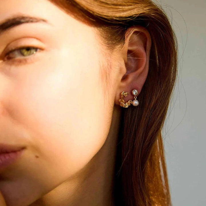 Hultquist Copenhagen Harper Petite Gold Plated Earrings Shown on Ear, Gold and Pearl, Model S08589G-2