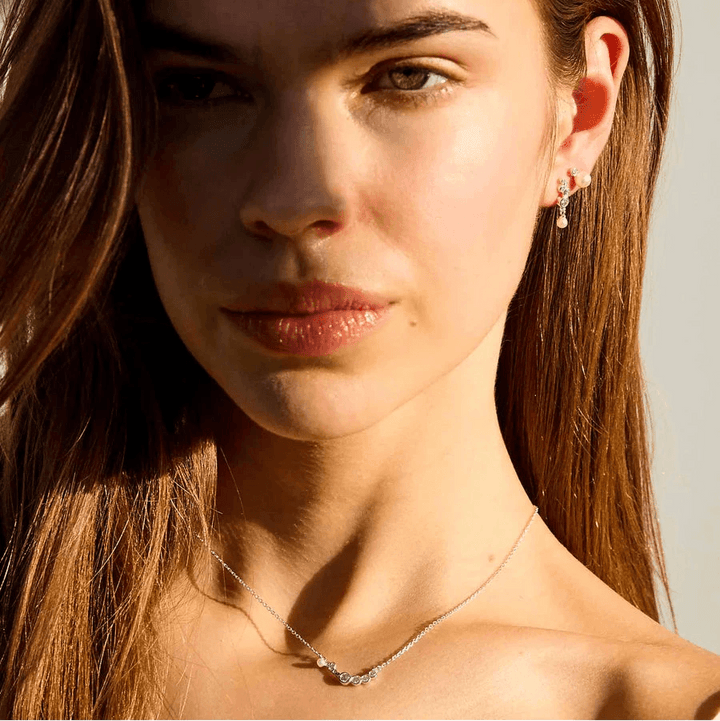 Hultquist Copenhagen Harper silver necklace with zirconia worn by woman, Model 1S08606S-2.