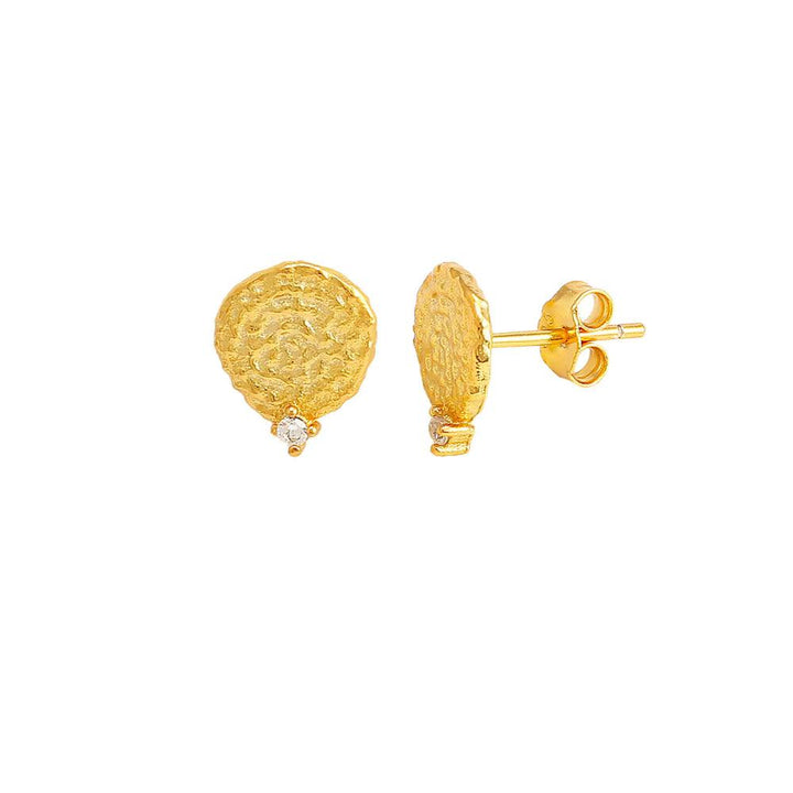 Josephine Mini Studs shows a set of small round gold plated studs with a hammered texture and a small clear stone. Model S08563G-1