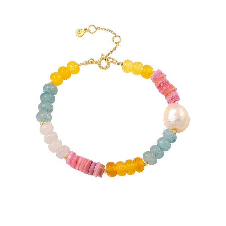 Hultquist Holiday Armband with colorful beads and golden chain clasp in blue, pink and yellow. Model S08513G-1.