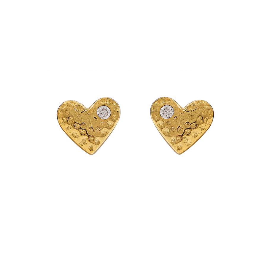 Hultquist Mini Heart ear studs gold plated with hammered surface and clear stone, shown in pairs. Model S08505G.