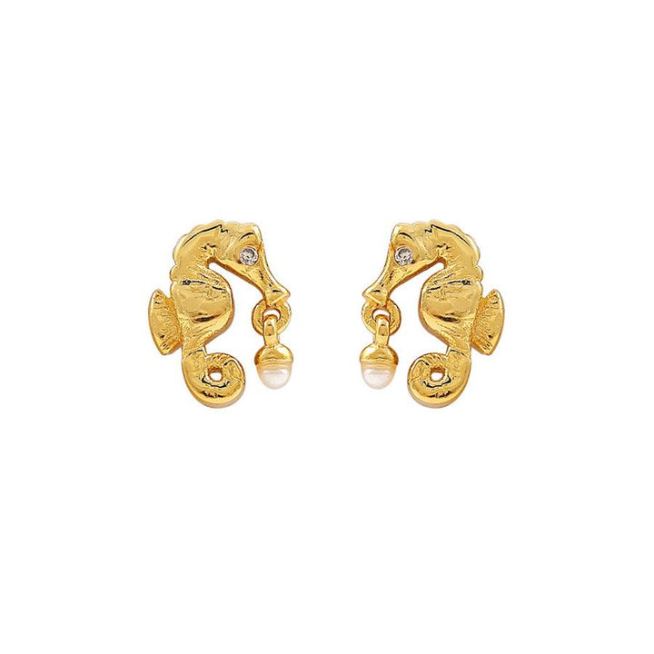 Hultquist Sandy Earrings Gold-plated shows a set of gold-colored seahorse earrings with small pearls. Model S08497G-1