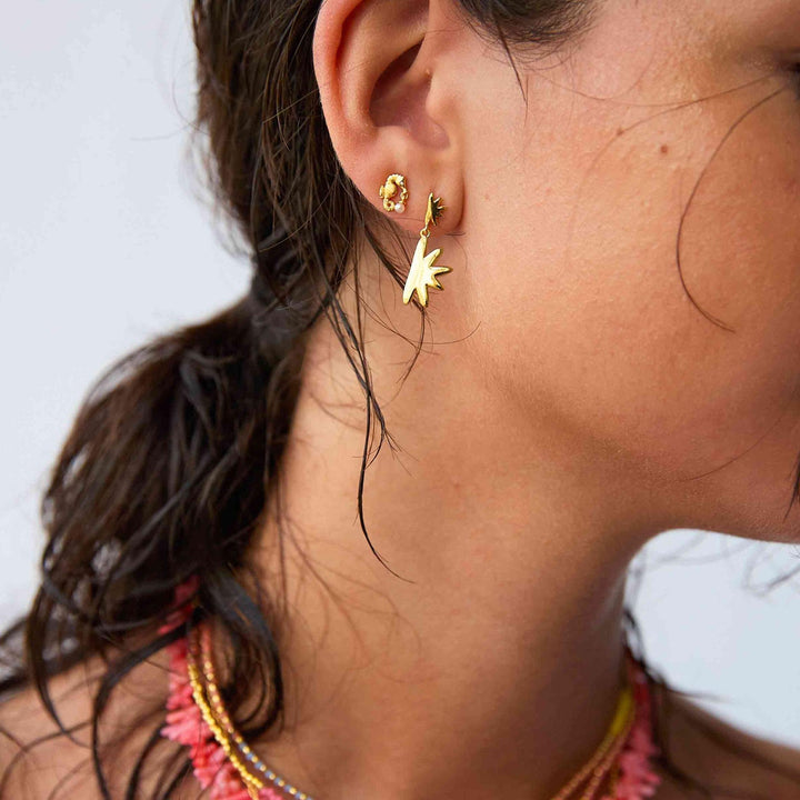 Hultquist Sandy earrings gold plated appear on woman's ear with star-shaped detail. Model S08497G-2