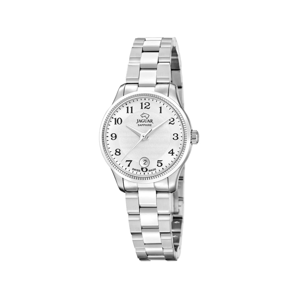 Jaguar Acamar Classic ladies watch in steel with chain, white dial and date display. Model J10451-1.