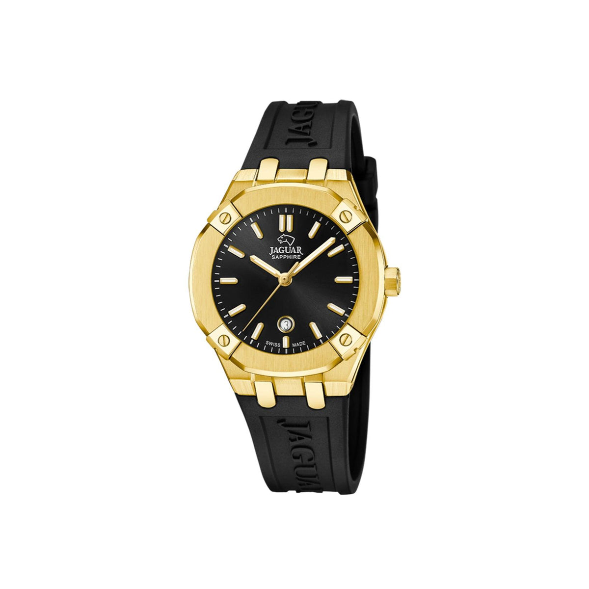 Jaguar Executive Women's watch with black dial, gold-coloured case and black silicone strap. Model J10181-J10181-1