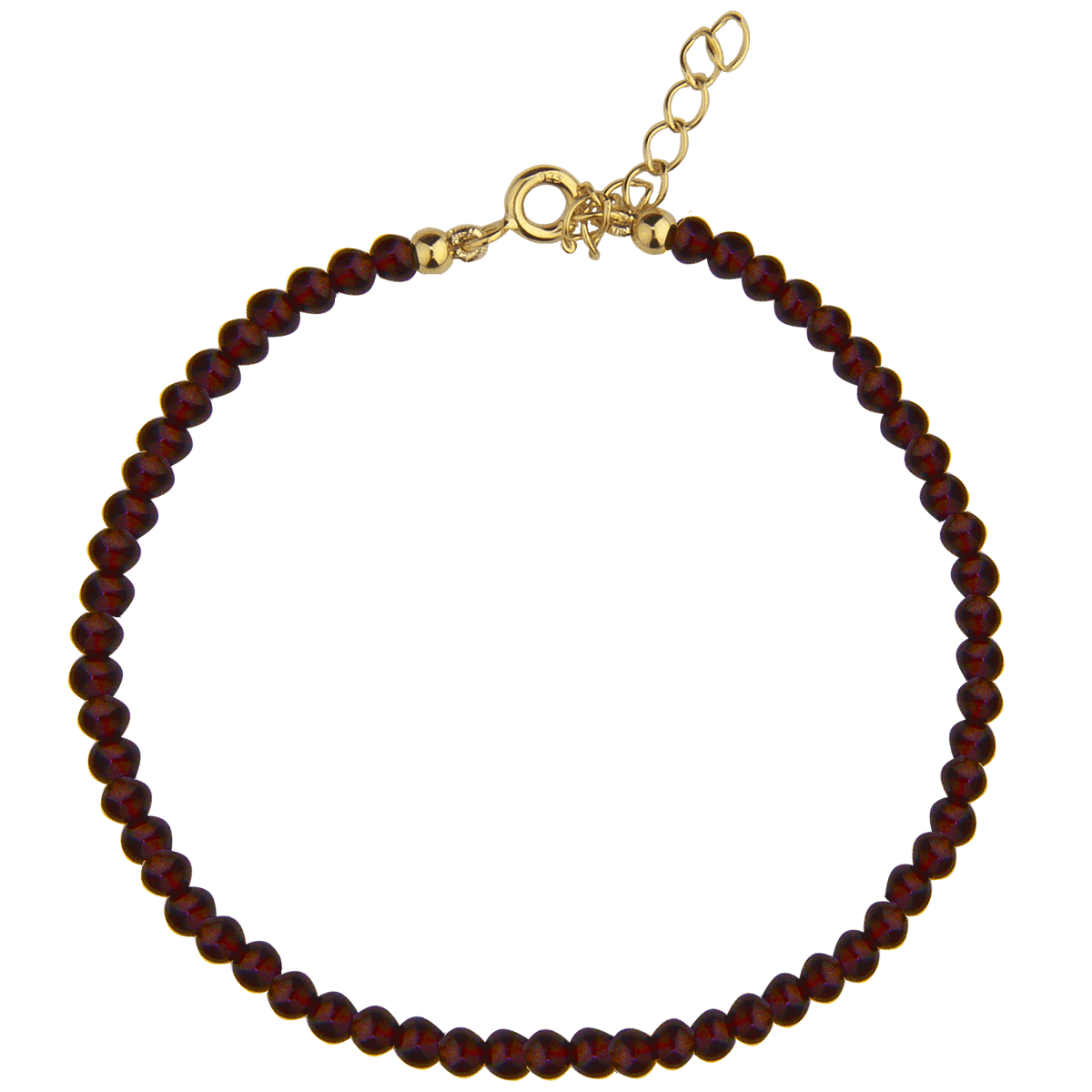 jeberg-jewellery-rouge-noir-garnet-bracelet-in-gold-plated-sol showcases a single bracelet with deep red garnet beads and adjustable chain. Model 70090-1