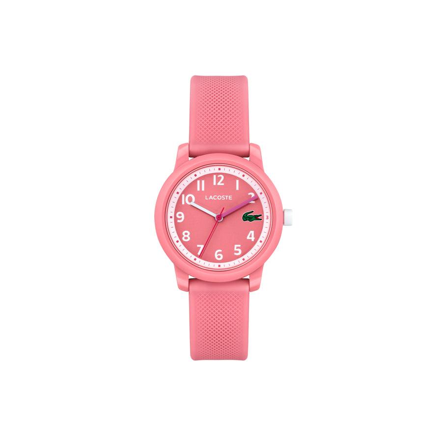 Lacoste Junior WATCH 12.12 Pink shows a modern pink wristwatch with silicone strap. Model 2030040-1