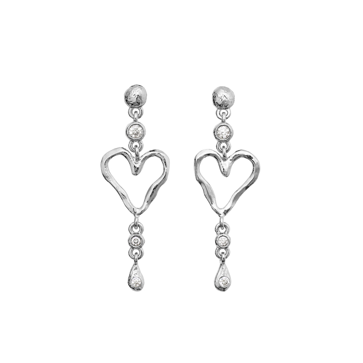 maaneste-sabi-twinkle-solve-earrings shows a pair of sterling silver heart-shaped dangle earrings with sparkling stones, Model 10167c-1