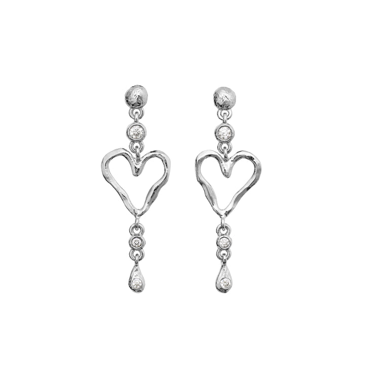 maaneste-sabi-twinkle-solve-earrings shows a pair of sterling silver heart-shaped dangle earrings with sparkling stones, Model 10167c-1