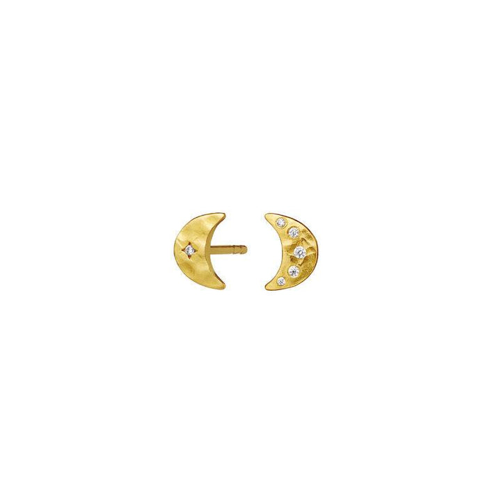 maanesten aega earrings 18kt gold-plated silver, moon-shaped earrings with small clear stones on a white background. Model 9857a-9857a-1