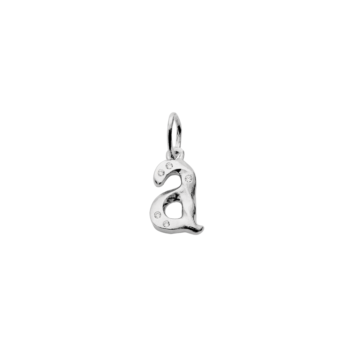 moon-alphabet-silver-pendant-letter-pendant-a-z shows a silver letter pendant shaped like a small a with small sparkling details. Model 2771c-001-1
