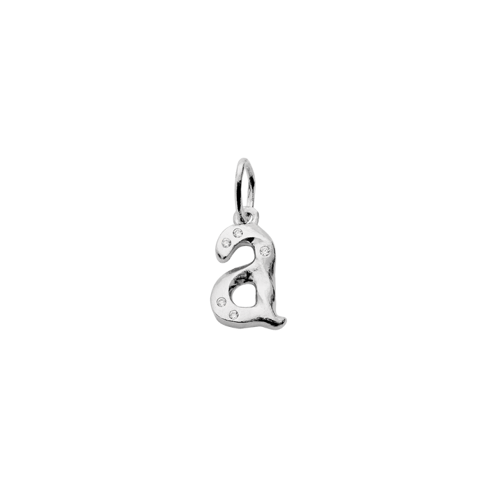 moon-alphabet-silver-pendant-letter-pendant-a-z shows a silver letter pendant shaped like a small a with small sparkling details. Model 2771c-001-1