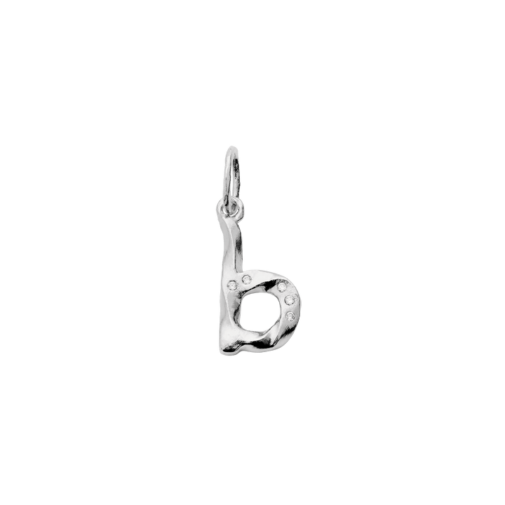 moon-alphabet-silver-pendant-letter-pendant-a-z shows a silver letter pendant in an organic shape with small stones, Model 2771c-002