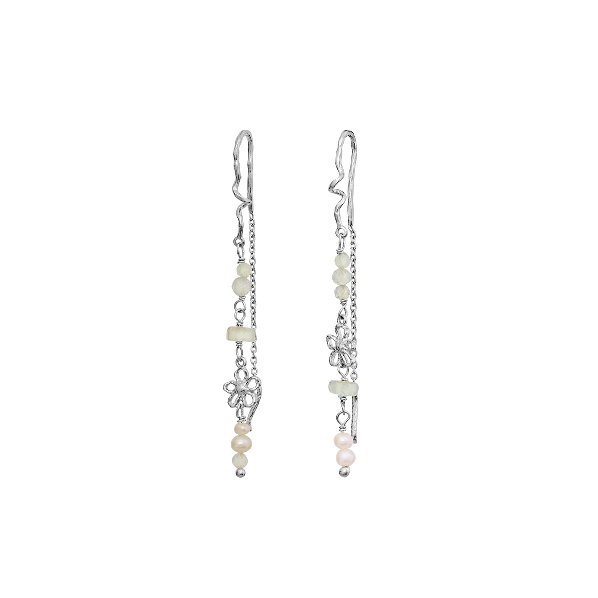 Maanesten Alfrida silver chain earrings with white pearls and detailed floral pattern, Model 10084c