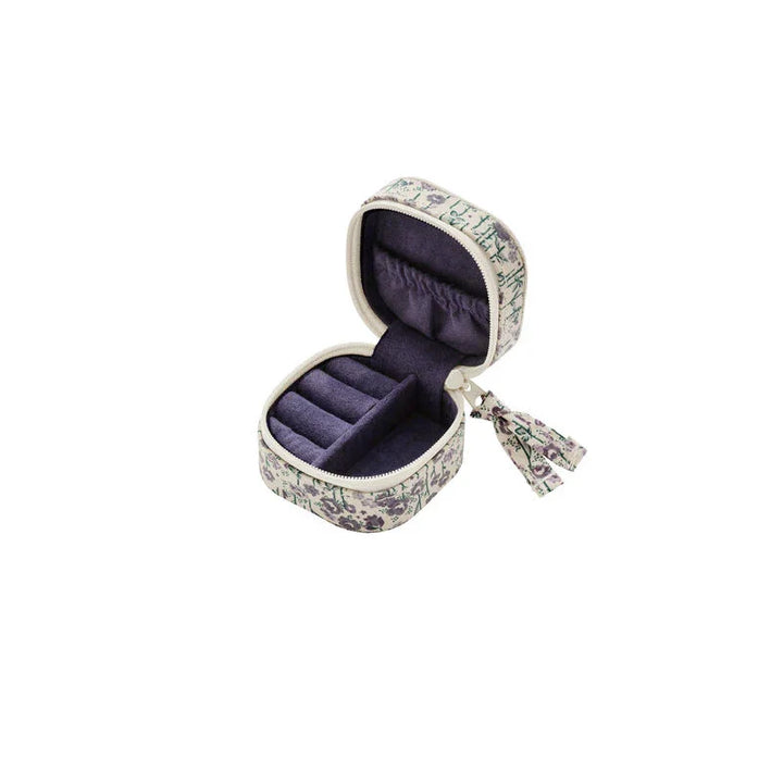 Maanesten Alice Jewelry box Purple Heart with purple velor and patterned fabric, open view, Model 4196-2