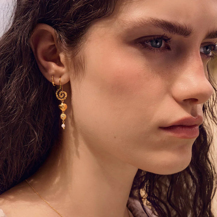 Maanesten Allie Gold Plated Pearl Hoop Earrings Shown on Women's Ear, Gold and Pearl Pattern, Model 10085a