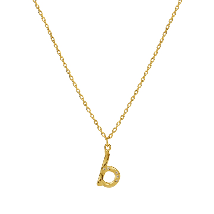 maanesten-alphabet-letter-necklace-gold-plated-letter-pendant-a-z shows a gold-plated necklace with twisted letter b pendant decorated with small stones. Model 2744a-002-2