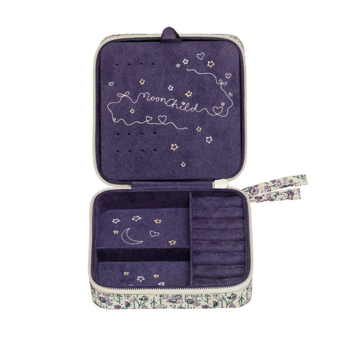 maanesten amelia jewelry box in purple velor with embroidered text and stars, open with compartment and floral border, Model 4195-2