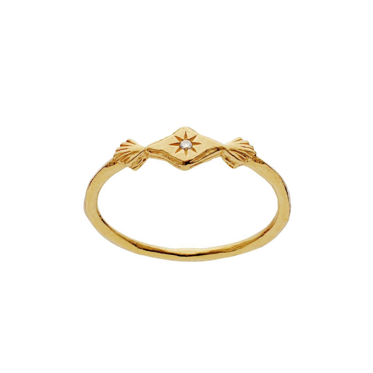 Moonstone Annie gold-plated ring with star and clear stone detail on white background. Model 4872a-001.
