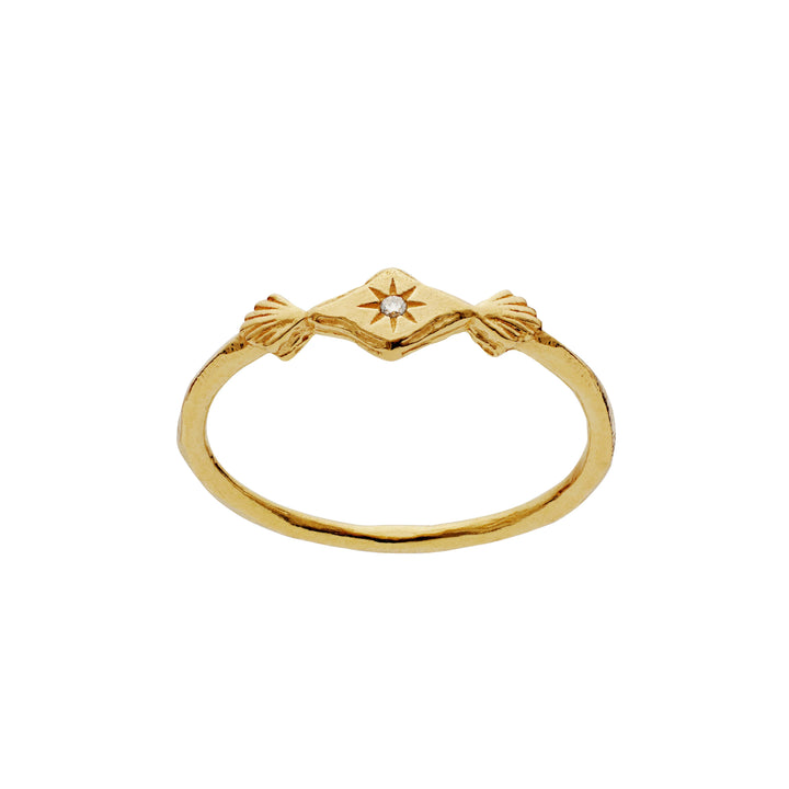 Moonstone Annie gold-plated ring with star and clear stone detail on white background. Model 4872a-001.