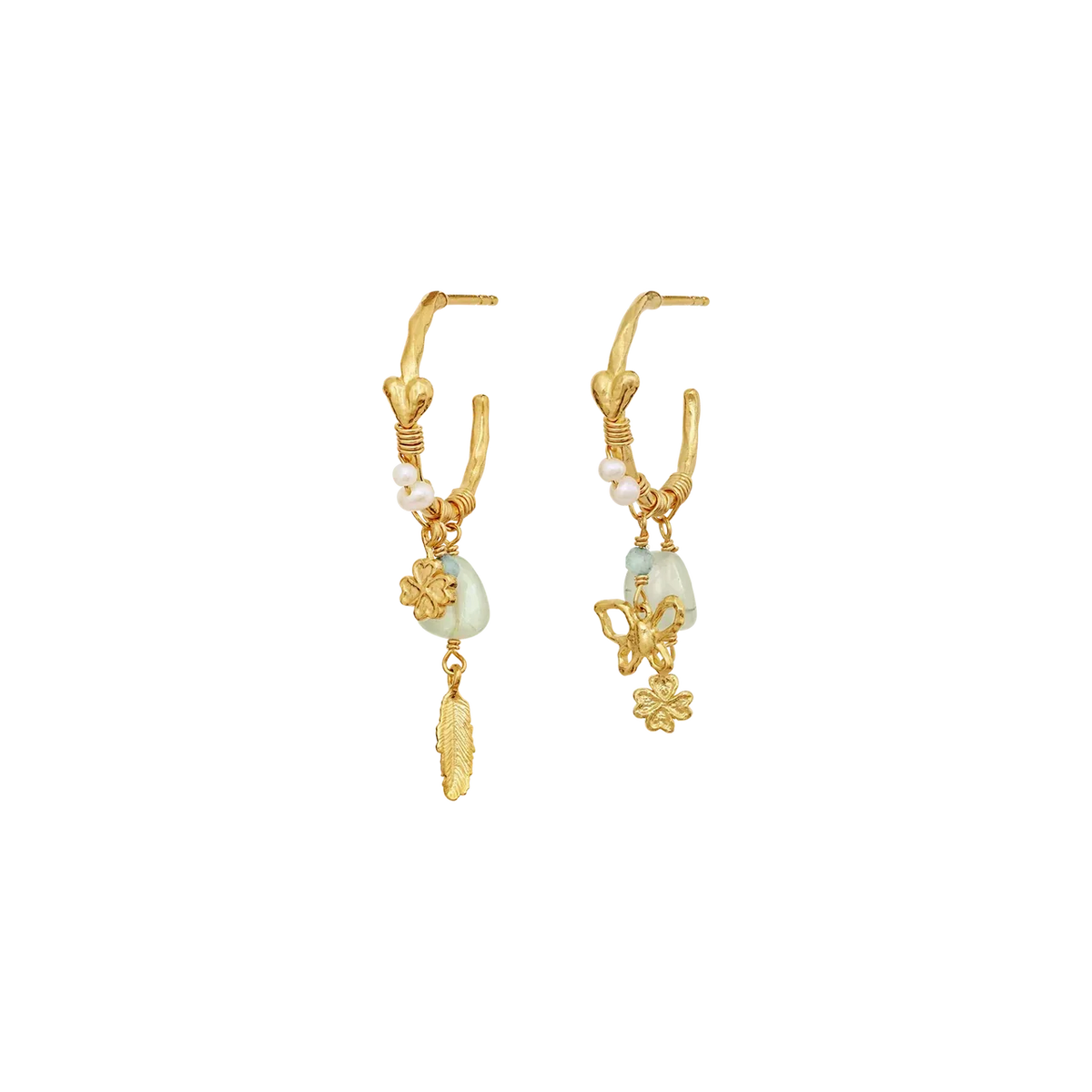 moonstone-arden-gold-plated-heart hoops with detailed pendants in gold and bright green pearls. Model 10093a-1