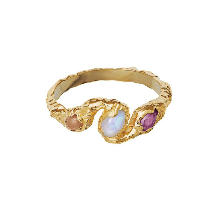 Moonstone Baila Ring 18 kt gold-plated with rustic surface and three colored stones, Model 4764a-001-1.