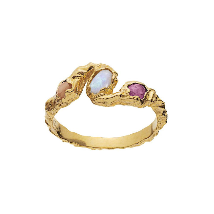 Moonstone Baila Ring 18 kt gold-plated with opal, pink and purple stones in an organic, wavy design. Model 4764a-001.
