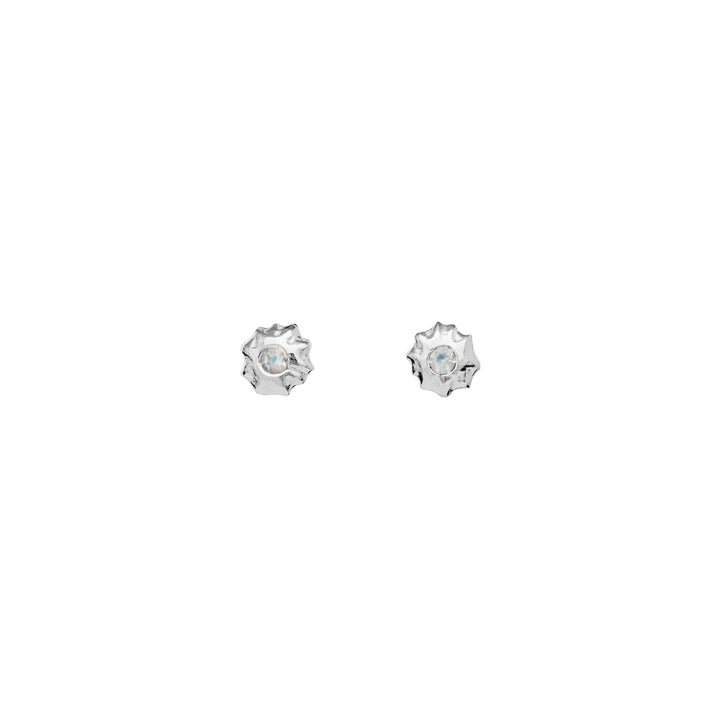 The moon stone Caia silver earrings shown from the front, round organic shape with clear stone in the middle. Model 9982c-2.