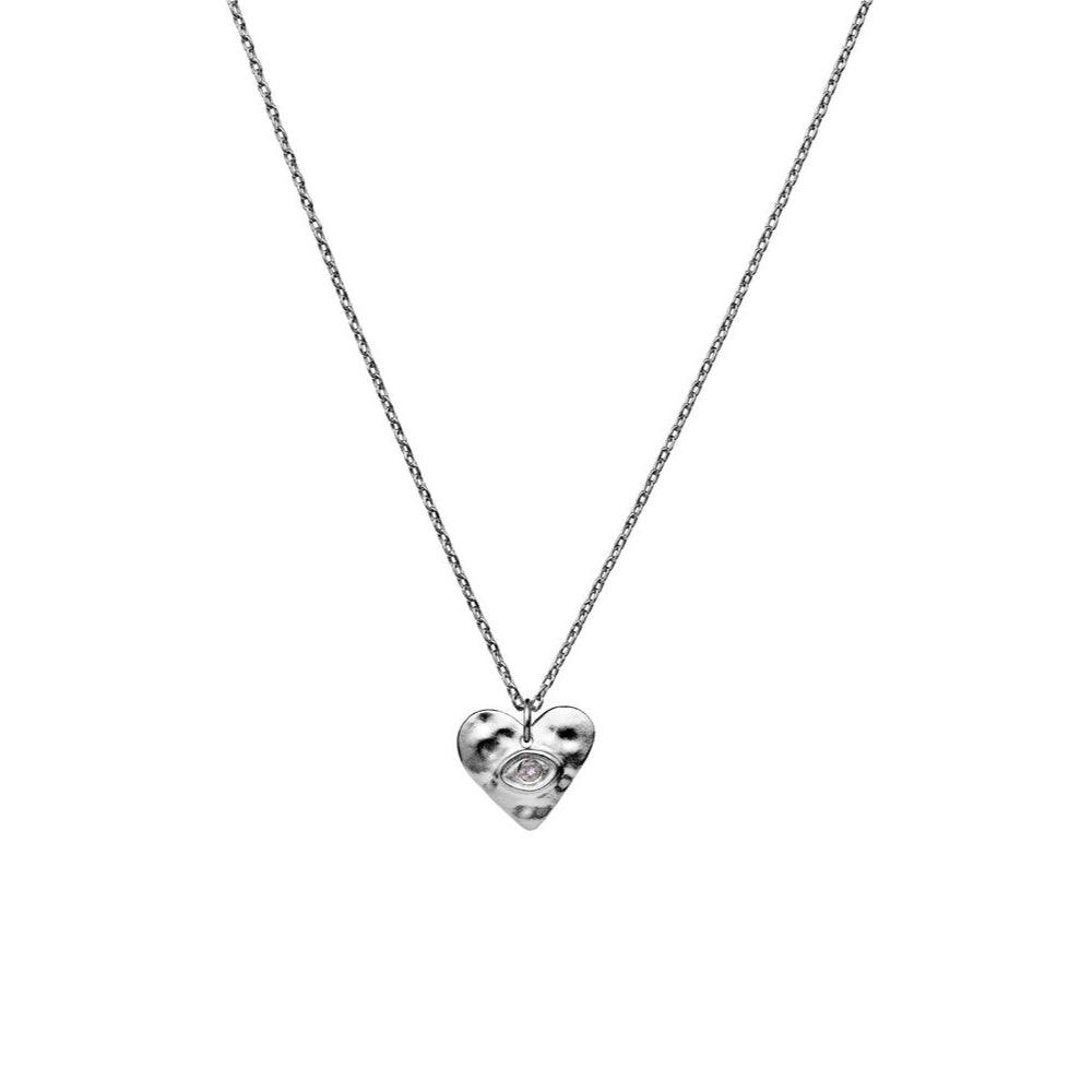 maanesten-cassandra-necklace-solv shows a silver necklace with heart pendant and clear stone, Model 2678c-2678c-1