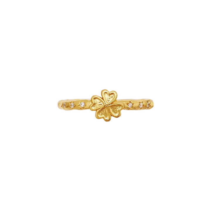 Maanesten Clover Ring gold-plated with four-leaf clover and zirconia, slim gold ring with small stones, Model 4881a-001